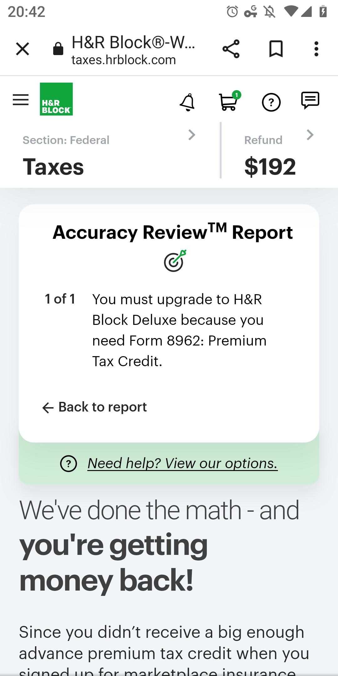 Screenshot of H&R Block website showing request to upgrade in order to file taxes.